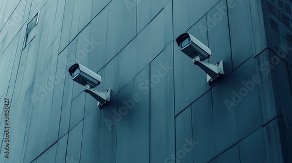 Obraz Two CCTV cameras on the facade of a gray modern business building. Street security system or big brother
