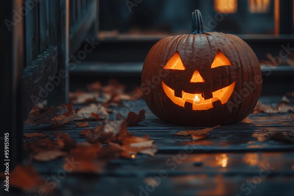 Obraz Glowing Jack-O'-Lantern on Porch with Autumn Leaves
