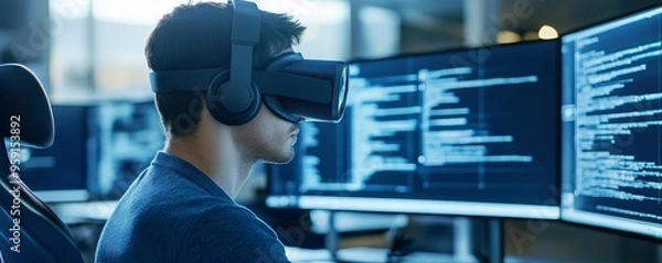Fototapeta Programmer debugging frameworks, virtual reality displays, futuristic workspace