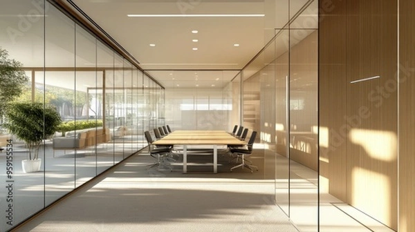 Fototapeta Bright and modern office conference room, featuring glass walls, a central table, and a focus on clean, minimalist design.