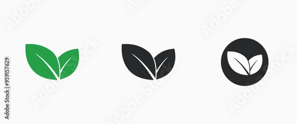 Obraz Set of green and black leaves. Vegan sign concept. Tree leaf.