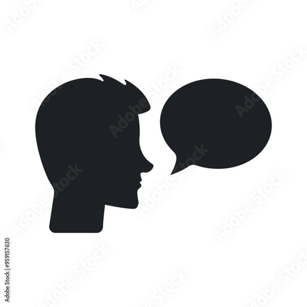 Obraz Minimalistick talking man silhouette with speech bubble. Sideways looking face icon.