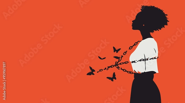 Fototapeta Breaking Free from Chains. Woman breaking free from chains turning into butterflies. Freedom, liberation, and empowerment.
