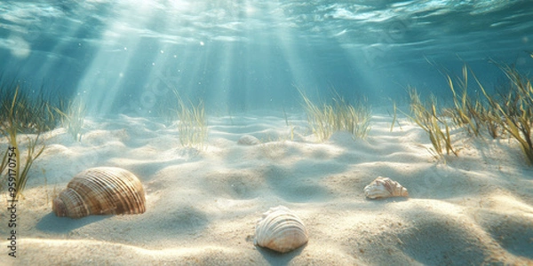 Obraz A serene underwater background showcasing a sandy ocean bottom with scattered sea grass patches. The scene is peaceful and undisturbed, with a few shells and small marine creatures nestled in the sand