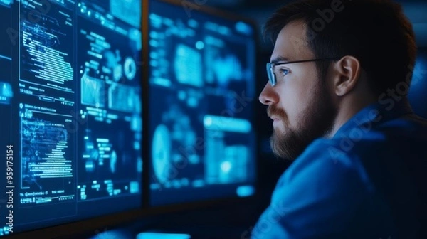 Fototapeta Holographic UI elements, programmer coding, futuristic office, blue accents