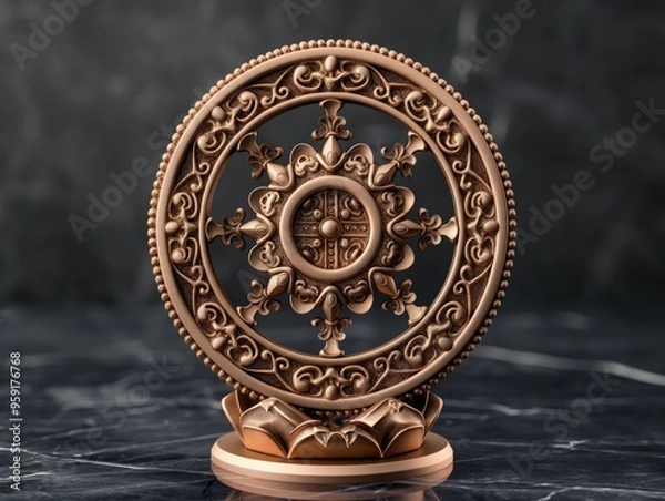 Obraz Intricate Bronze Dharmachakra Wheel Sculpture with Ornate Details on Dark Marble Base


