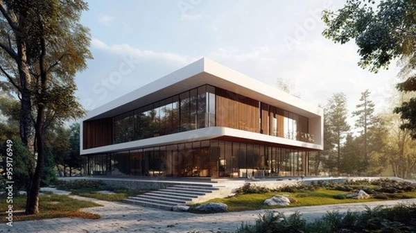 Fototapeta Contemporary building exterior 3D architectural visualization