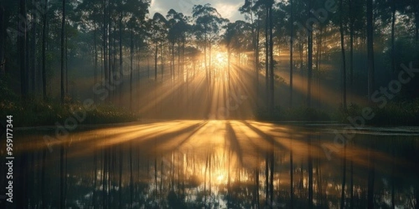 Fototapeta Golden Sunlight Rays Shining Through Trees Reflected in Calm Water