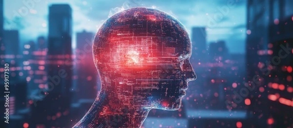 Fototapeta Holographic symbol representing creative artificial intelligence overlaying contemporary architectural elements in a double exposure effect