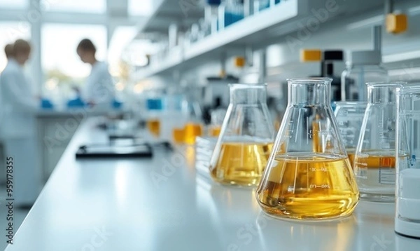 Fototapeta Sophisticated Laboratory with Scientists Conducting Research on High-Tech Instruments in a Clean, Modern Environment