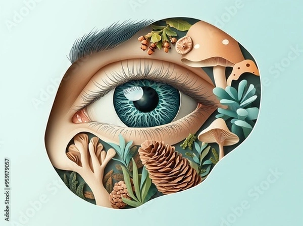 Obraz Nature-Inspired Paper-Cut Eye Illustration with Forest Elements and Mushrooms

