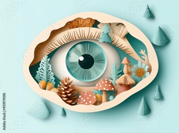 Obraz Paper-Cut Style Illustration of a Human Eye with Forest Elements and Mushrooms in Soft Pastel Tones

