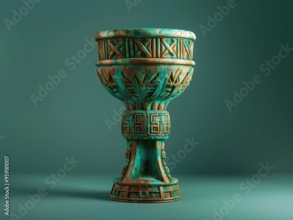 Obraz Ancient Aztec Chalice with Intricate Patterns and Weathered Finish in Green and Gold Tones

