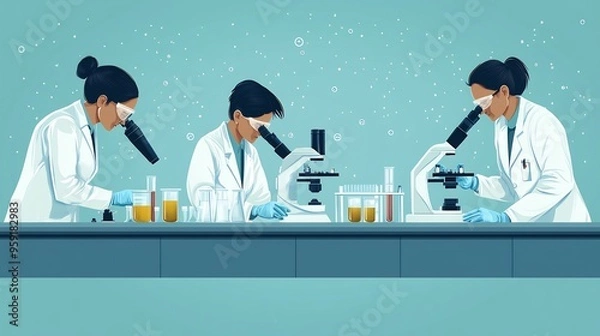 Obraz Medical Research Vector graphics showing scientists working a lab with microscopes test tubes and research equipment
