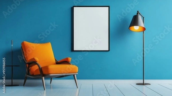 Obraz A stylish and vibrant living room showcasing an orange couch, minimalistic decor, and a lively blue wall, serving as an ideal source of inspiration for contemporary home design projects