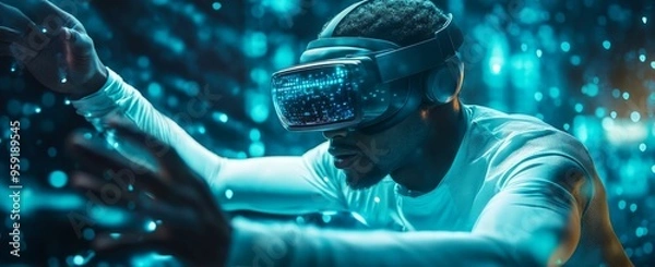 Fototapeta A Black man wearing a VR headset is playing a video game, in a dynamic pose, surrounded by glowing digital elements 