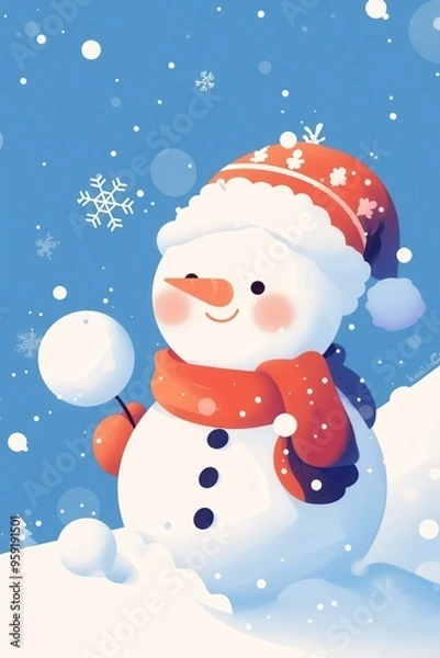 Fototapeta Cheerful snowman in red hat and scarf holding a snowball on a snowy winter day