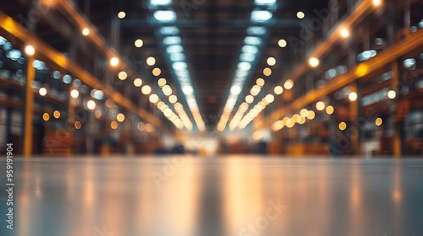 Fototapeta A blurry image of a large, industrial warehouse with high ceilings and bright lights.  The design is perfect for posters, wallpapers, or banners.
