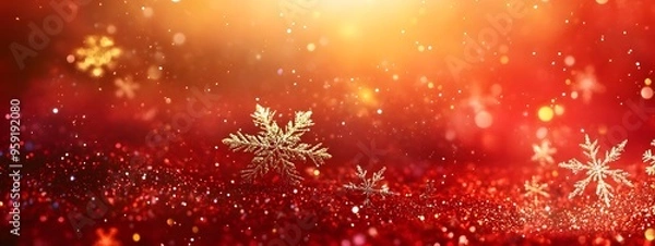 Obraz Red background with golden snowflakes, a shiny and festive atmosphere, a large area of red space at the top for text, bright lights, blurred edges, decorative elements, warm tones