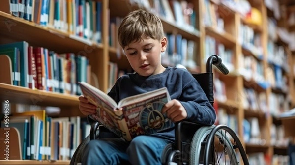 Fototapeta boy in a wheelchair studying in a library