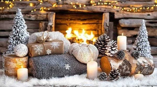 Fototapeta   A mound of gifts resting atop a pile of wood near a crackling hearth with glowing candlesticks