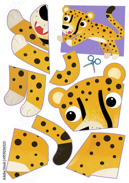 Fototapeta cartoon scene with character puzzle cutout educational exercise manual work with scissors cat animal cheetah illustration for children