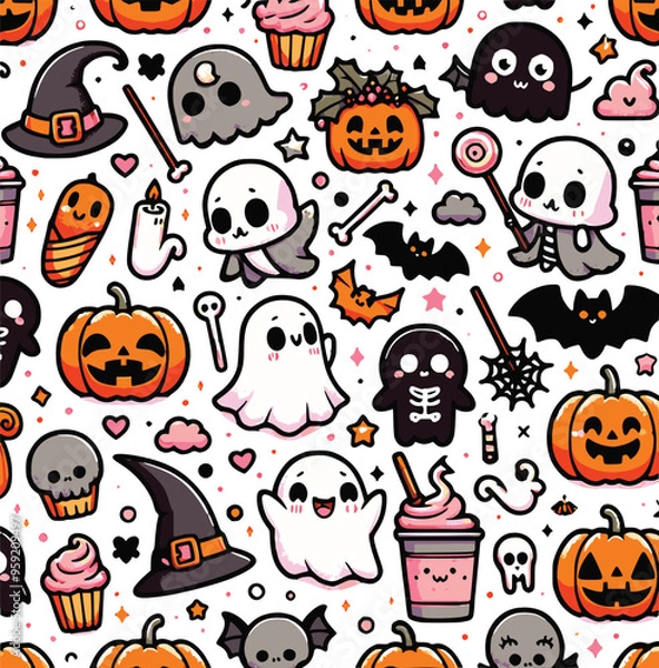 Fototapeta Seamless Halloween Pattern with Pumpkins, Bats, Ghosts, and Spiders