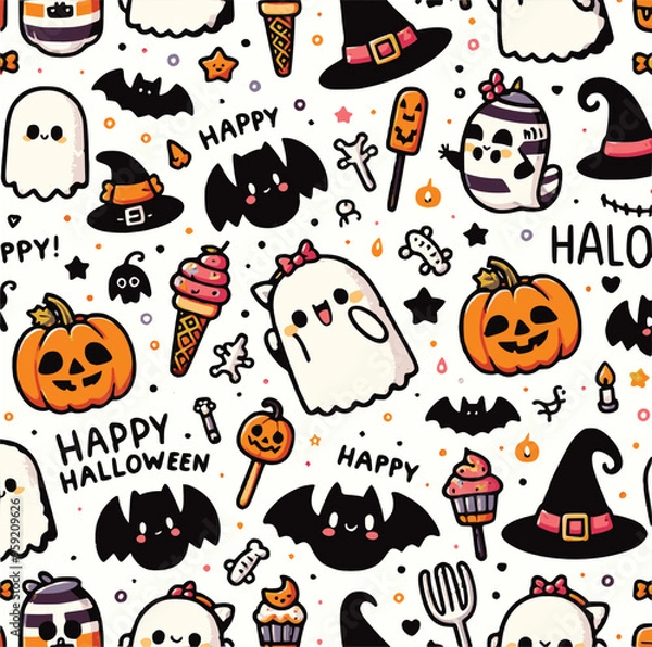 Fototapeta Seamless Halloween Pattern with Pumpkins, Bats, Ghosts, and Spiders