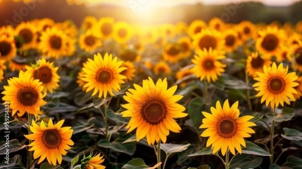 Fototapeta golden field of sunflowers facing the setting sun, with the light illuminating the flowers and creating a vibrant and joyful scene, with clear copy space for text