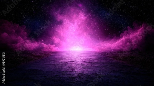 Fototapeta   A vivid sky brimming with numerous clouds and a radiant beam emanating from the tunnel's end, centrally positioned on the roadway