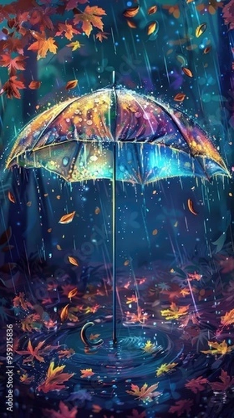 Fototapeta Vibrant umbrella in autumn rain with colorful falling leaves AI