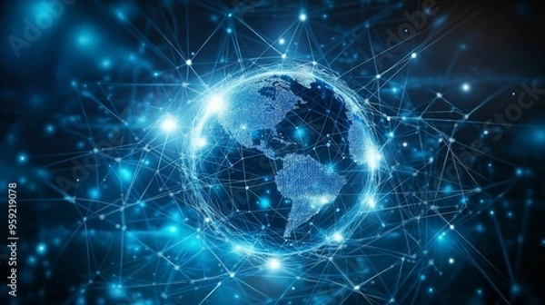 Fototapeta A futuristic digital rendering of the Earth surrounded by glowing network connections.