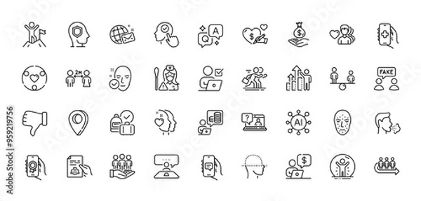 Fototapeta Nurse, Social care and Queue line icons pack. AI, Question and Answer, Map pin icons. Business person, Health skin, Fake information web icon. Competition, Award app, Cough pictogram. Vector