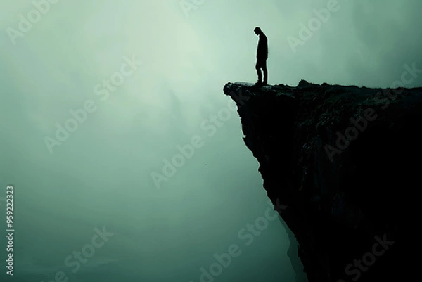 Fototapeta Silhouette of man standing on edge of cliff in misty fog