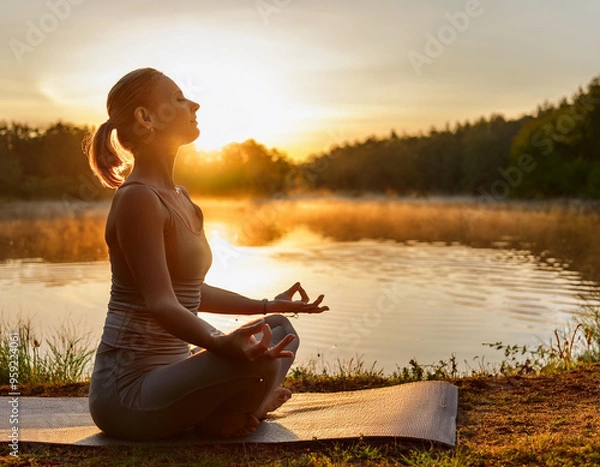 Fototapeta A calming scene of a person practicing deep breathing exercises by a lake at sunrise, with t (17).jpg