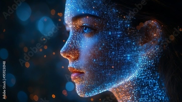 Fototapeta A blue digital hacker with glowing binary code, AI in cybersecurity systems, threat detection algorithms, penetration testing tools, and digital forensics analysis. cybercrime, cyber attack design,