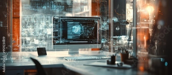 Fototapeta Creative workspace featuring a computer with a technology themed drawing Double exposure illustrating the concept of innovation