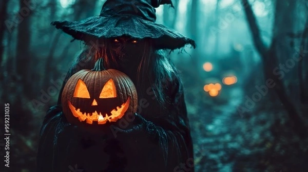 Obraz Witch holding a jack-o-lantern