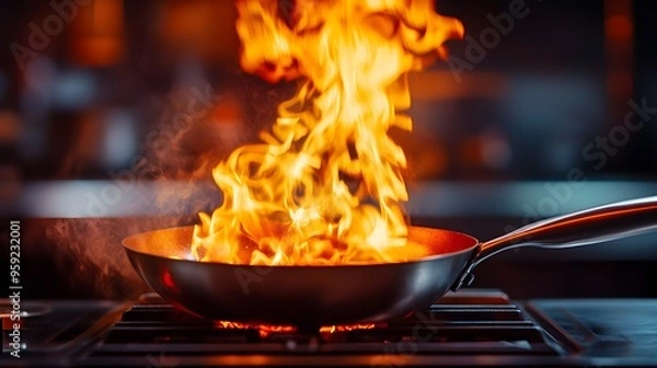 Fototapeta Close-up of a chef's pan with flames spiraling upward, the scene illuminated by a soft orange glow, blending realism with futuristic elements, Cinematic, High Contrast, HDR Photography