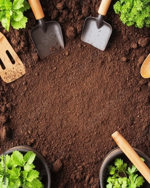 Fototapeta Gardening tools and fresh green plants surrounding rich soil
