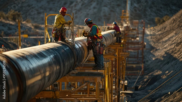 Fototapeta Construction Workers Installing Pipeline On Scaffolding