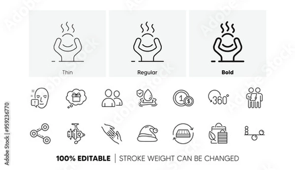 Fototapeta Mattress, Face attention and Users line icons. Pack of Fishing reel, Helping hand, Balance icon. Survey, Usd coins, Bio shopping pictogram. Gift dream, Full rotation, Difficult stress. Vector