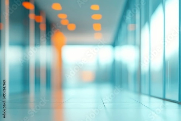 Fototapeta abstract blur modern interior inside entrance building of office in pale blue background with orange light effect concept , ai