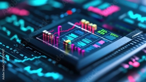 Fototapeta Vibrant data visualization with interactive charts and graphs, showcasing intricate analytics on a dark screen.