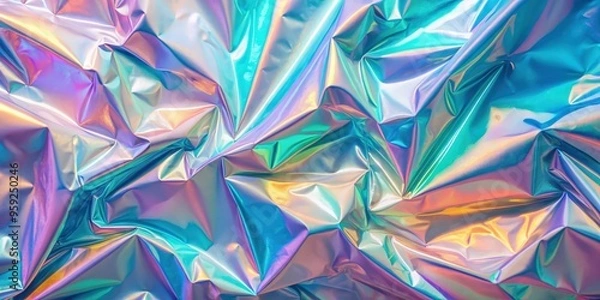 Fototapeta Ethereal holographic metallic foil background with pastel neon colors , ethereal, holographic, metallic, foil, pastel, neon, blue