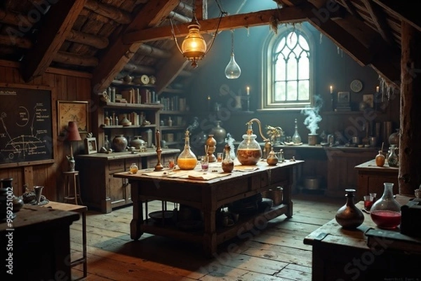 Fototapeta An old and dusty attic chemistry mad scientist lab