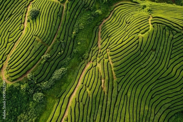 Fototapeta Aerial drone view of shapes of Cha Gorreana tea plantation at Sao Miguel, Azores, Portugal , ai