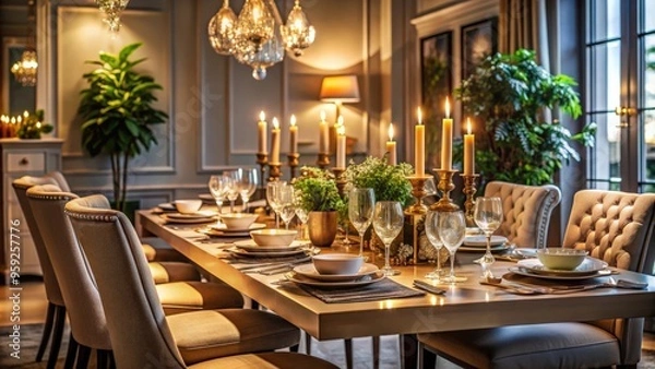 Obraz Elegant dining table set for an evening dinner party, dining table, decorated, evening, dinner party