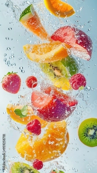 Fototapeta Slices of fresh fruit falling into clean water splashing upwards