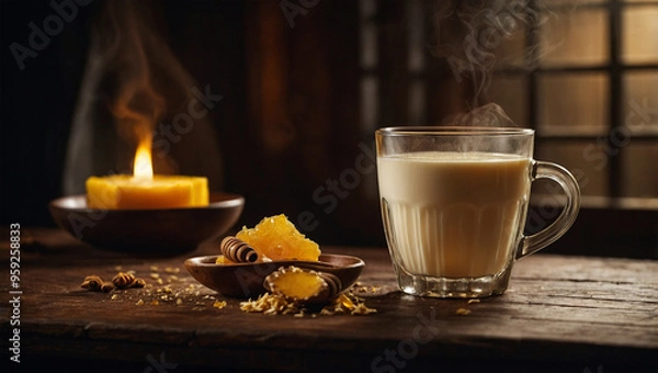 Obraz Glass of hot ginger milk with honey, with steam rising and side lighting that creates a cozy, dramatic effect.
